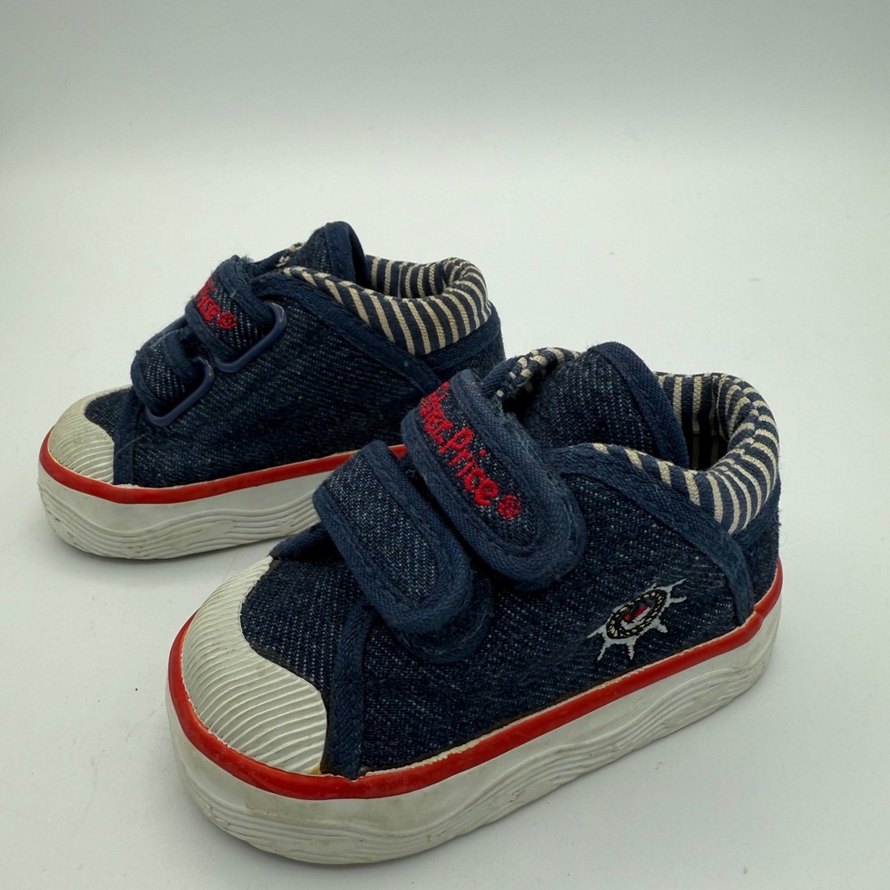 Fisher Price Toddler Sneakers Size 2 Blue Denim Red Stripe Hook Loop Shoes - Picture 3 of 8